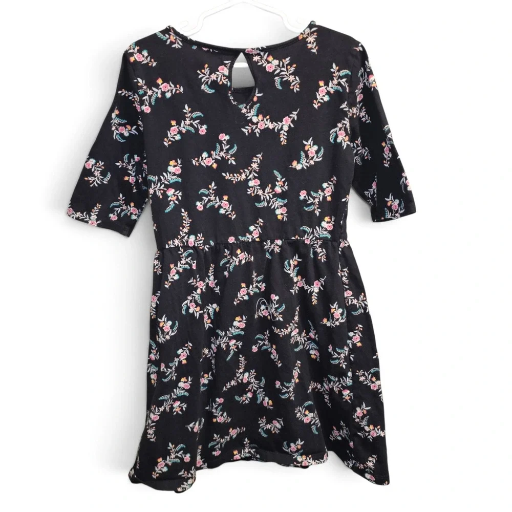 Old Navy Floral Dress Girls Size 8 Black Excellent Short Sleeve Keyhole Back